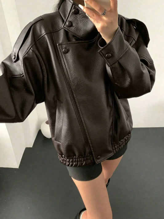 Chic Women's Fall & Winter Motorcycle Style Leather-Look Jacket - Vintage Loose Fit, Stand Collar, Asymmetrical Design, Multiple Colors!